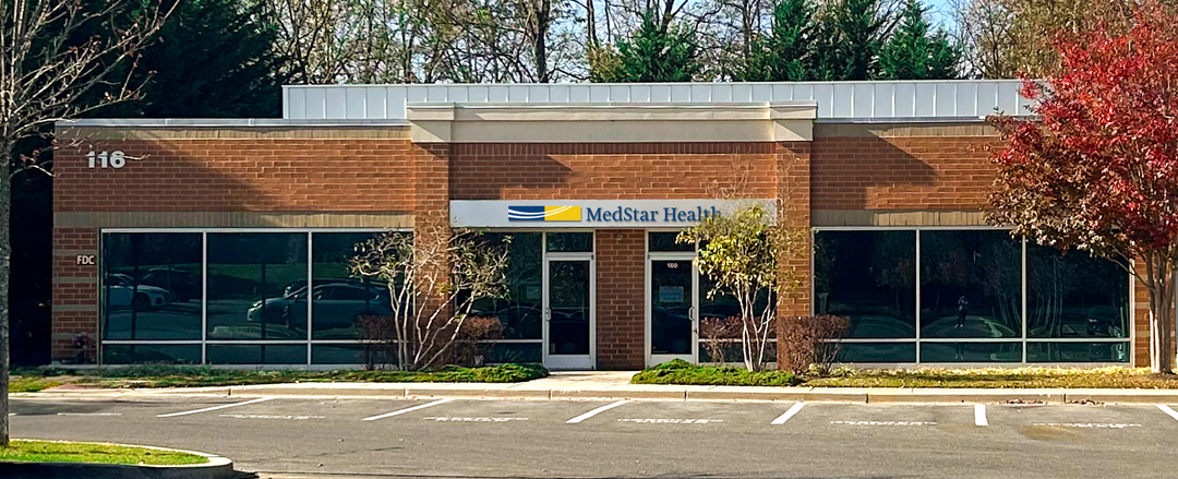 The office of MedStar Health Orthopedics and Physical Therapy in Reisterstown is located in a one-story brick and glass building in an office park.