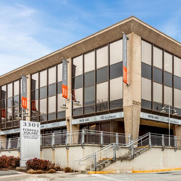 The concrete and glass building at Foxhall Square is the location for MedStar Health primary care and radiology offices.