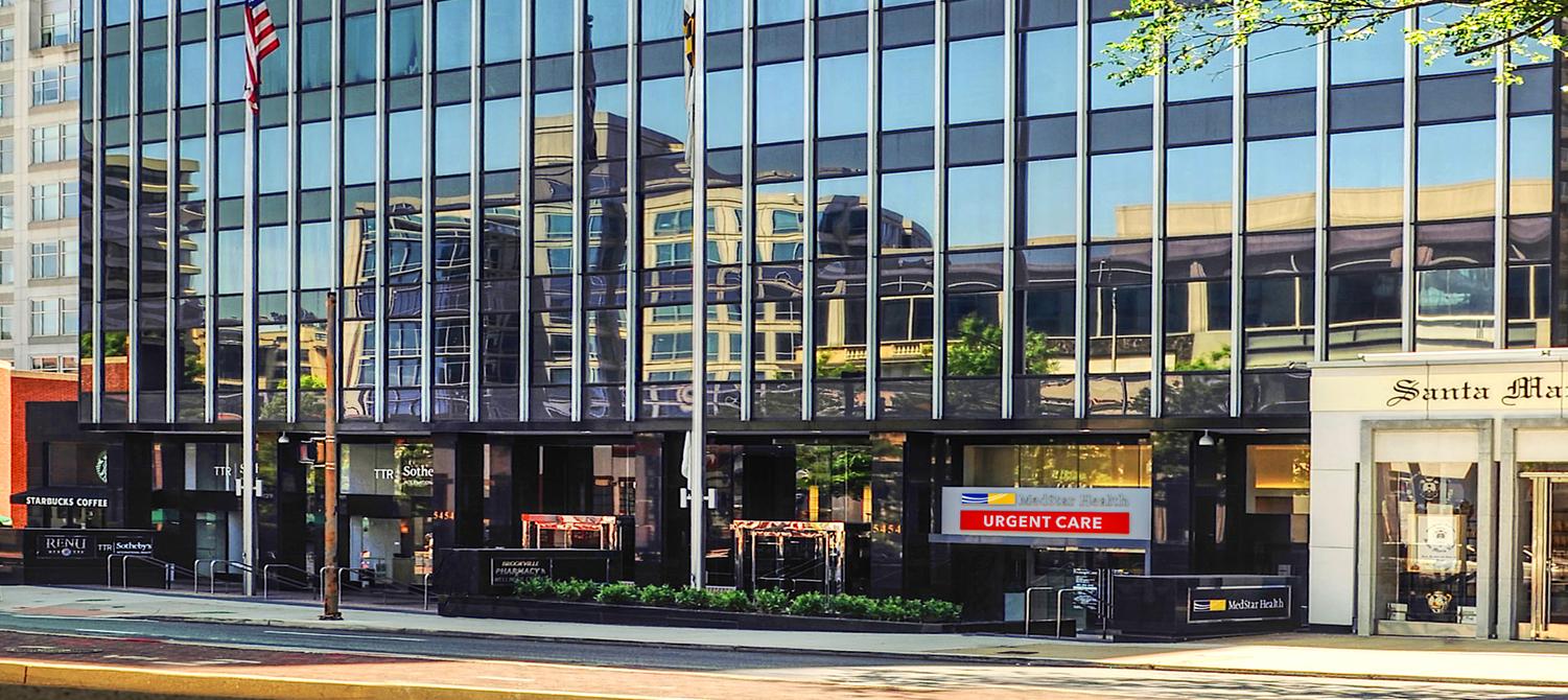 5454 Wisconsin Avenue in Chevy Chase, MD is a modern glass office building where offices for several MedStar Health specialties are located.