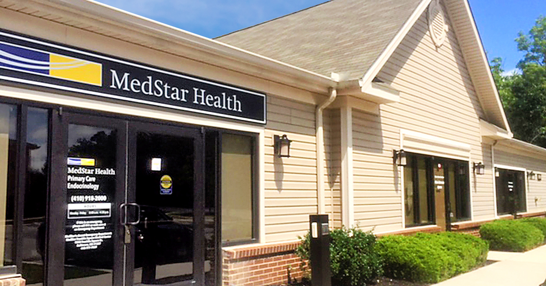 MedStar Health Primary Care at Ridge Road is a one-story building with yellow siding.