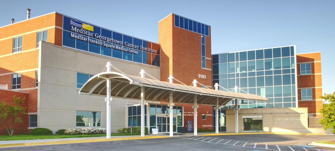 The MedStar Georgetown Cancer Center at Franklin Square Medical Center is a modern brick, concrete and glass building.