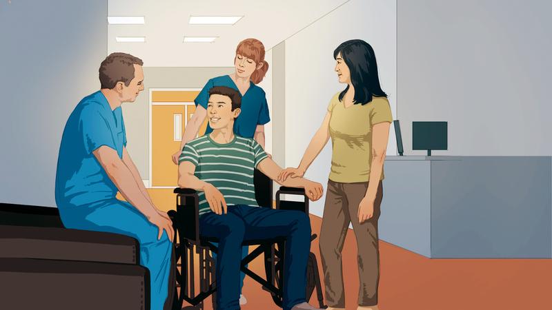 Illustration of a team of healthcare professionals talking with a patient in a wheelchair and their family.
