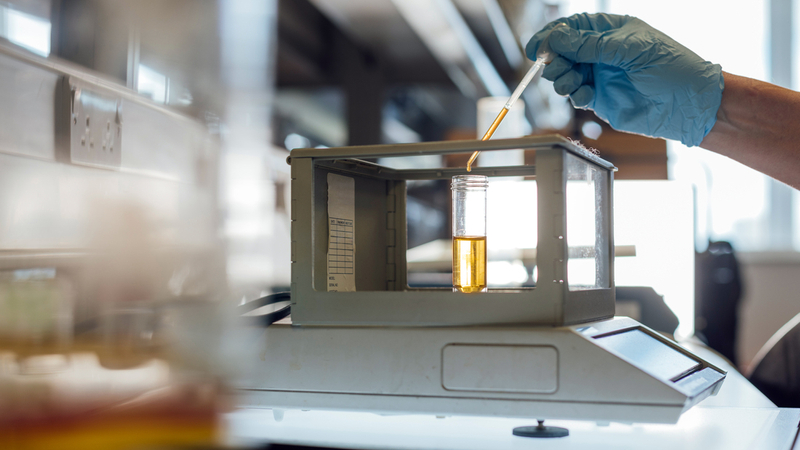 Close up photo of a hand putting liquid into a beaker in a laboratory.