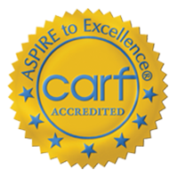 Yellow and blue CARF (Commission for Accreditation of Rehabilitation Facilities) Aspire to Excellence Logo