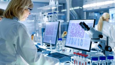 A female scientist works in a clinical laboratory and looks at cells on a computer monitor.