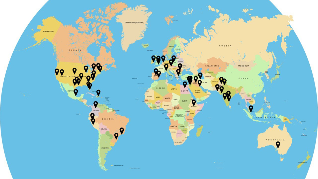 World map marking the hometowns of MedStar Health Internal Medicine Residents