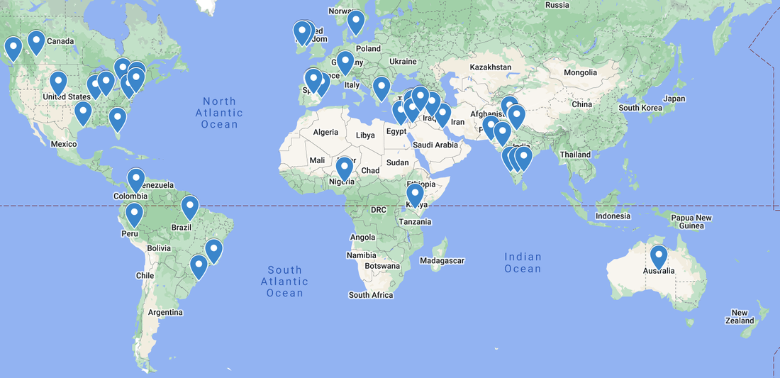 World map marking the hometowns of MedStar Health Internal Medicine Residents