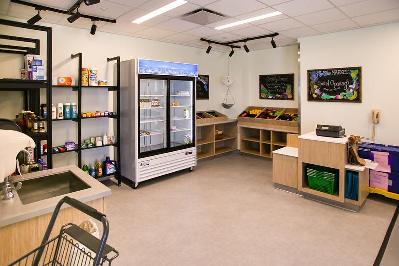 The inpatient rehabilitation facility at MedStar Good Samaritan hospital features a faux supermarket where patients can practice getting out and doing daily tasks, such as grocery shopping. The supermarket features a full-sized cooler, shopping carts and check out stands.