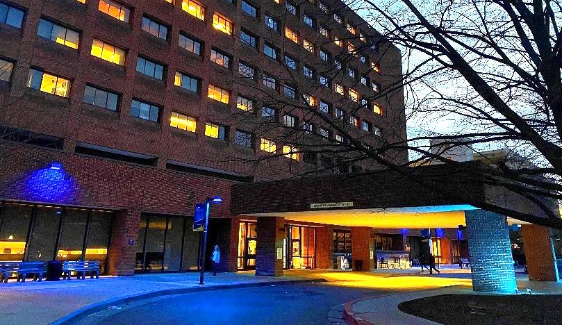 MedStar Union Memorial Hospital is lit with blue exterior lights to raise awareness for colorectal cancer.