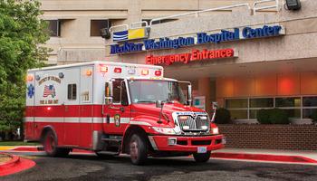 An ambulance waits outside of the emergency room entrance at MedStar Washington Hospital Center