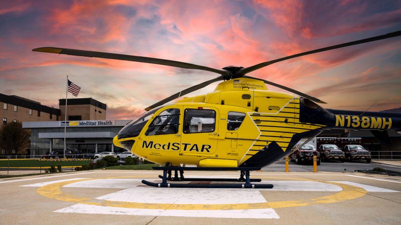 The MedStar helicopter sits on a helipad outside of MedStar Southern Maryland Hospital Center.