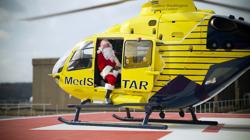 Santa arrived via helicopter to pay a visit to hospitalized children at MedStar Georgetown University Hospital.