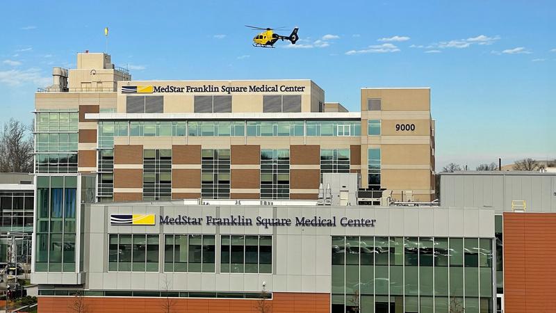 The MedStar Health helicopter lands atop the roof at Franklin Square Medical Center in Baltimore.