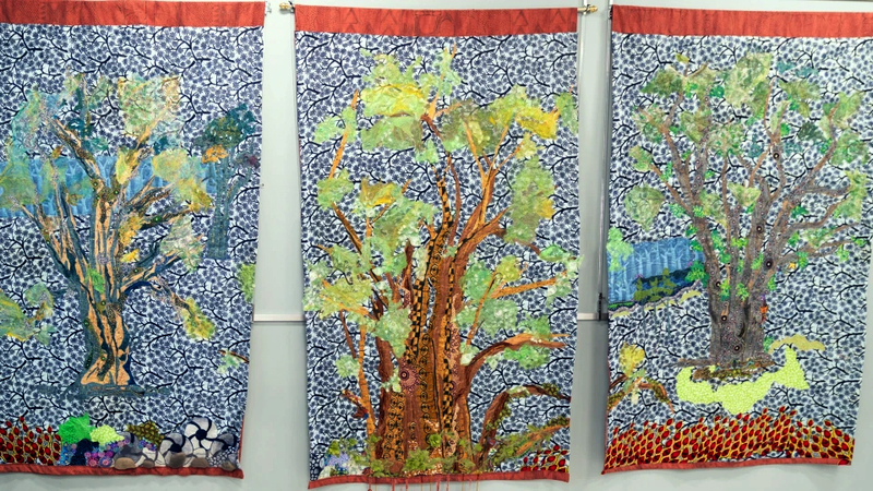Quilts in an art exhibition at MedStar St. Mary's Hospital.