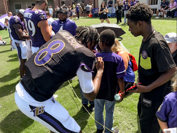 Pediatric cancer patients were treated to a special visit at Ravens training camp.