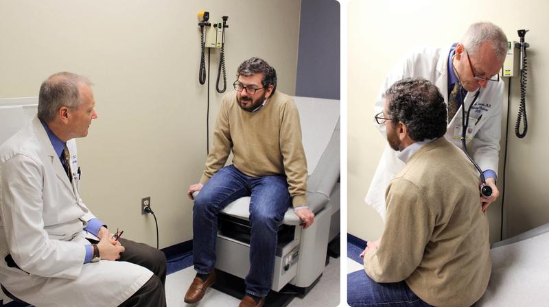 Dr. John Marshall talks with a patient during an office visit.