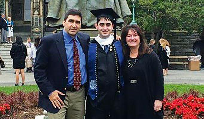Nick Cortina and his parents Lou and Diane stand in a garden on Nick's graduation day from Georgetown University in 2016.