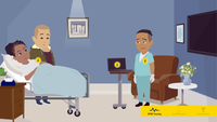 Illustration of a doctor in a patient's hospital room.