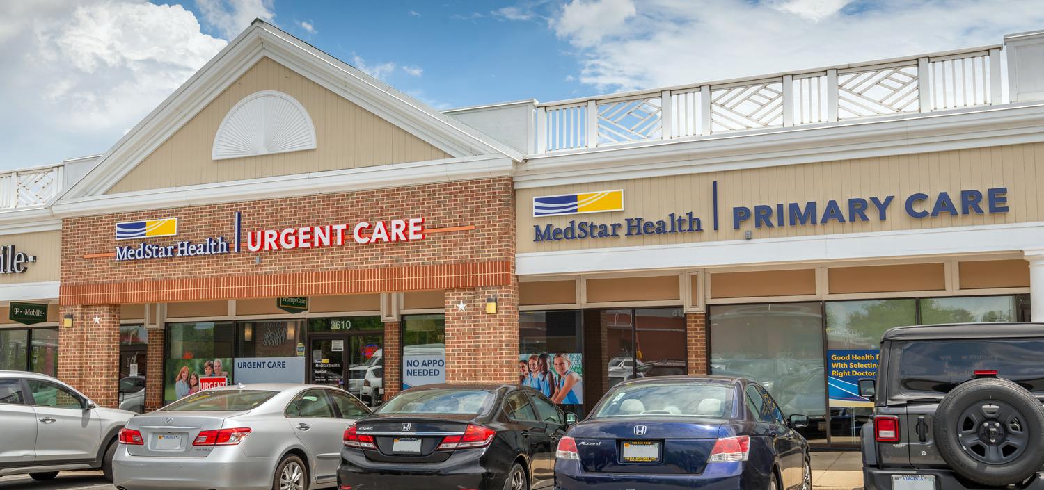Shopping center entrance to MedStar Health urgent and primary care center in Alexandria, VA