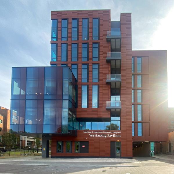 Exterior photo of the Verstandig Pavillion at MedStar Georgetown University Hospital.
