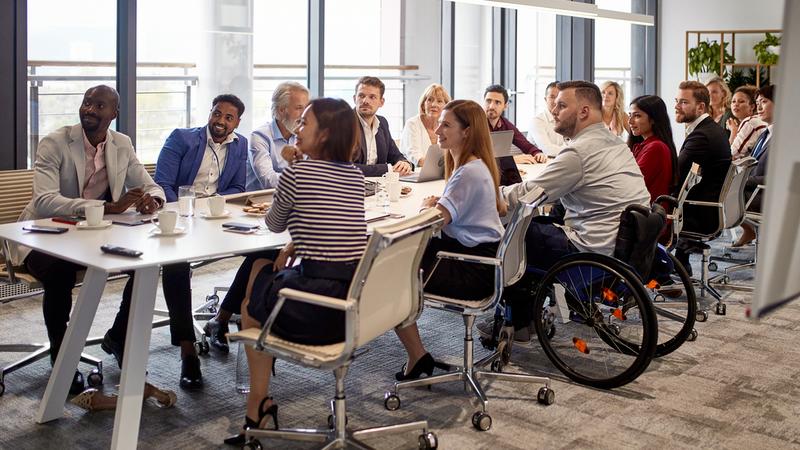 A group of diverse healthcare professionals meet in a conference room setting.