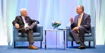 Dr. Anthony Fauci participates in an on-stage discussion with Dr. Neil Weissman of MedStar Health during the 2024 Research Symposium.