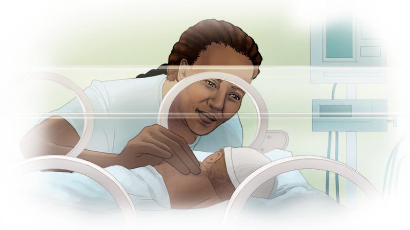 Illustration of a mother visiting her baby in the NICU.