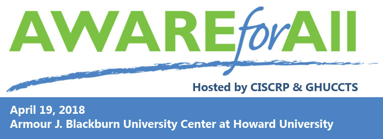 Aware For All 2018 Logo - Howard University Conference - green and blue sponsored by CISCRP GHUCCTS
