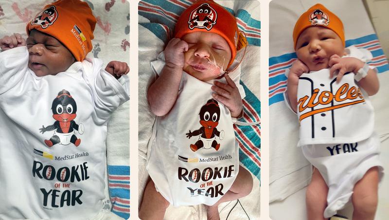 A newborn baby, wearing a Baltimore Orioles hat.