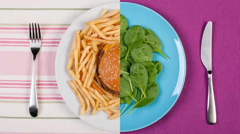 Photo illustration showing healthy food versus unhealthy food on a plate.