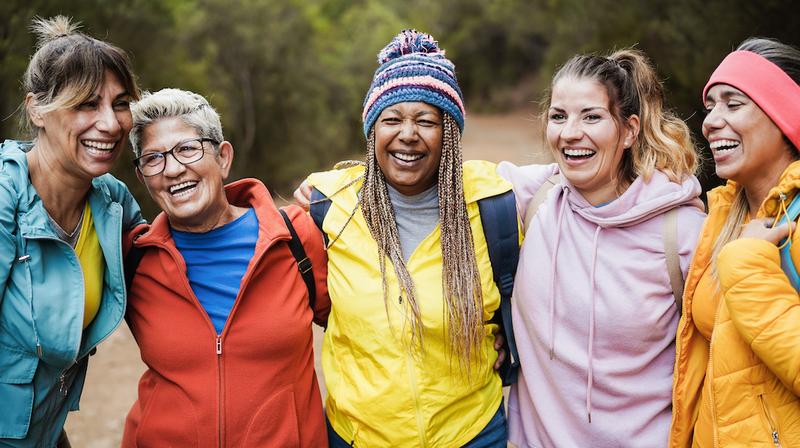 A group of 5 women pose for a photo while on a hike in the woods.