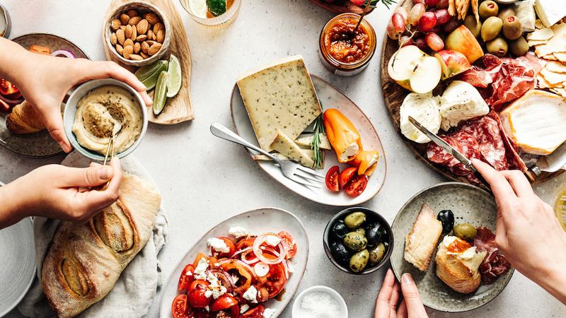 Close up photo of mediterranean food on a table.