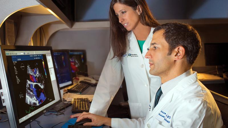 Doctors Maria Rodrigo and Federico Asch look at cardiac imaging scans at MedStar Washington Hospital Center.