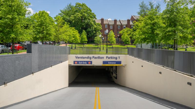 Entrance to the underground parking garage at the Verstandig Pavillion at MedStar Georgetown University Hospital.