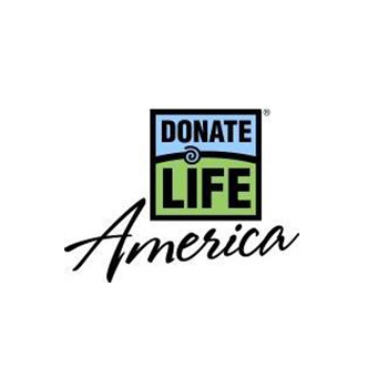 美国捐赠生命标志-蓝色和绿色的正方形，在“生命”中的“我”上方有一个漩涡符号。