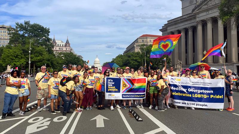 MedStar Georgetown University Hospital, MedStar Washington Hospital Center, MedStar National Rehabilitation Network, and MedStar Ambulatory Services Entity EI&D Council members demonstrate support at the 2024 Capital Pride Parade and Festival.