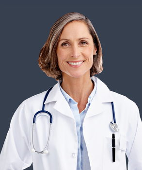 Portrait of a female healthcare provider wearing a white lab coat, with a stethoscope around her neck.