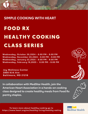 Flier for healthy cooking classes presented by the American Heart Association and MedStar Health.