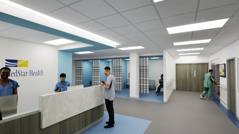 3D rendering of the future interior of the emergency department at MedStar Montgomery Medical Center.
