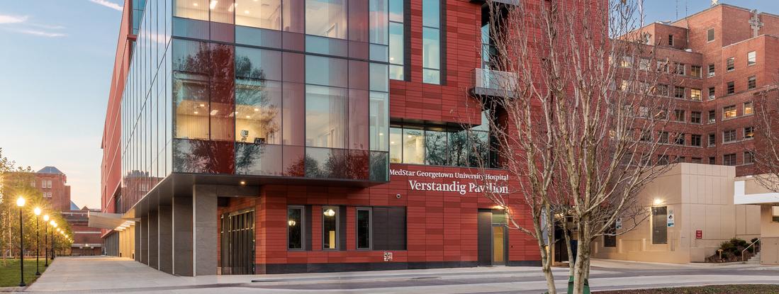 Exterior photo of the Verstandig Pavillion at MedStar Georgetown University Hospital.