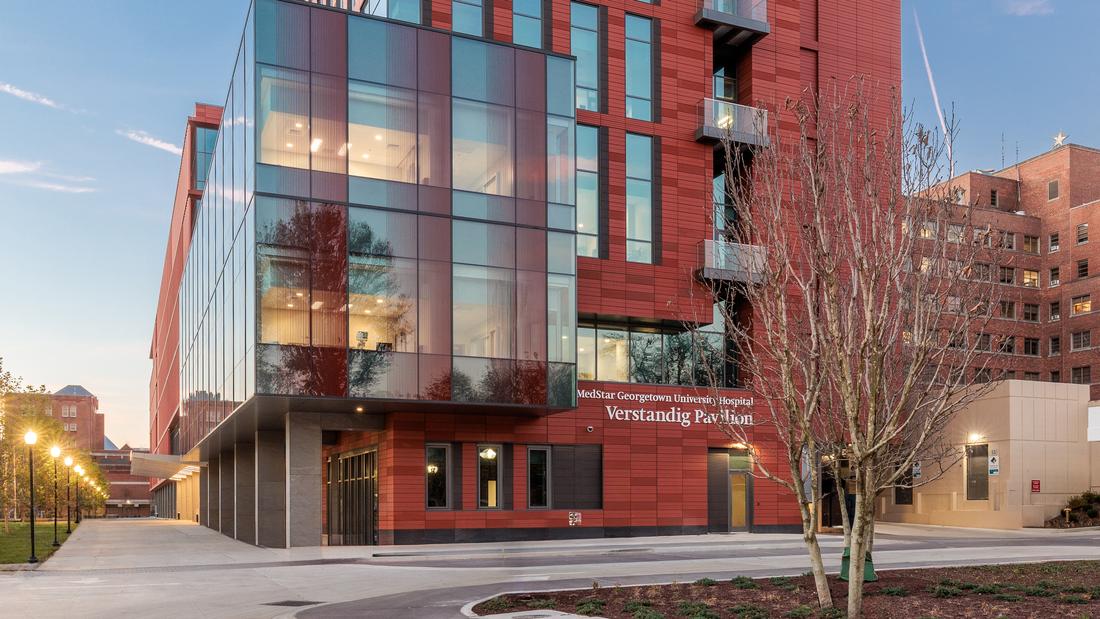 Exterior photo of the Verstandig Pavillion at MedStar Georgetown University Hospital.