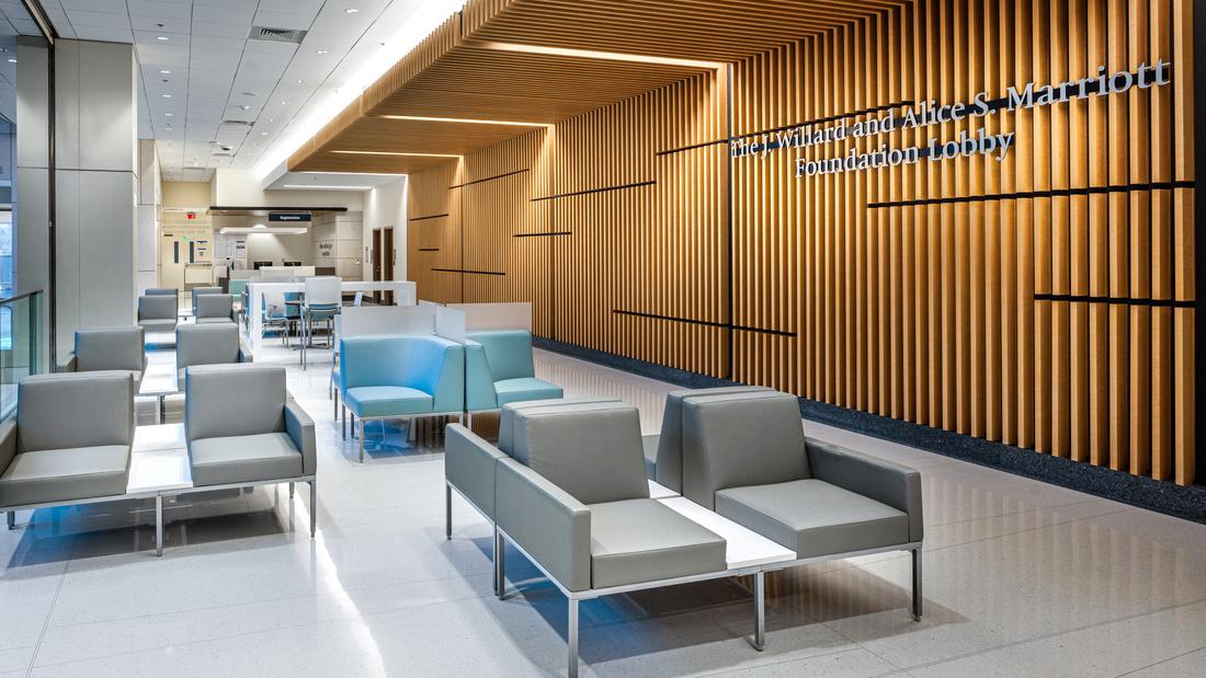 First Floor atrium lobby at the Verstandig Pavilliong at MedStar Georgetown University Hospital.