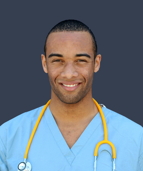 一个年轻的非裔美国医疗保健提供者的肖像，穿着蓝色的手术服，脖子上挂着听诊器。