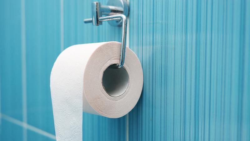 A roll of toilet paper hangs on a blue wall in a bathroom setting.