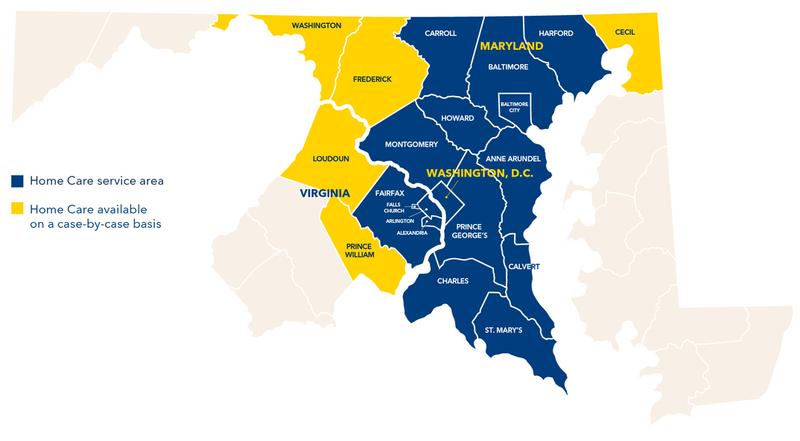 Map showing areas that MedStar Health Home Care provides services in.