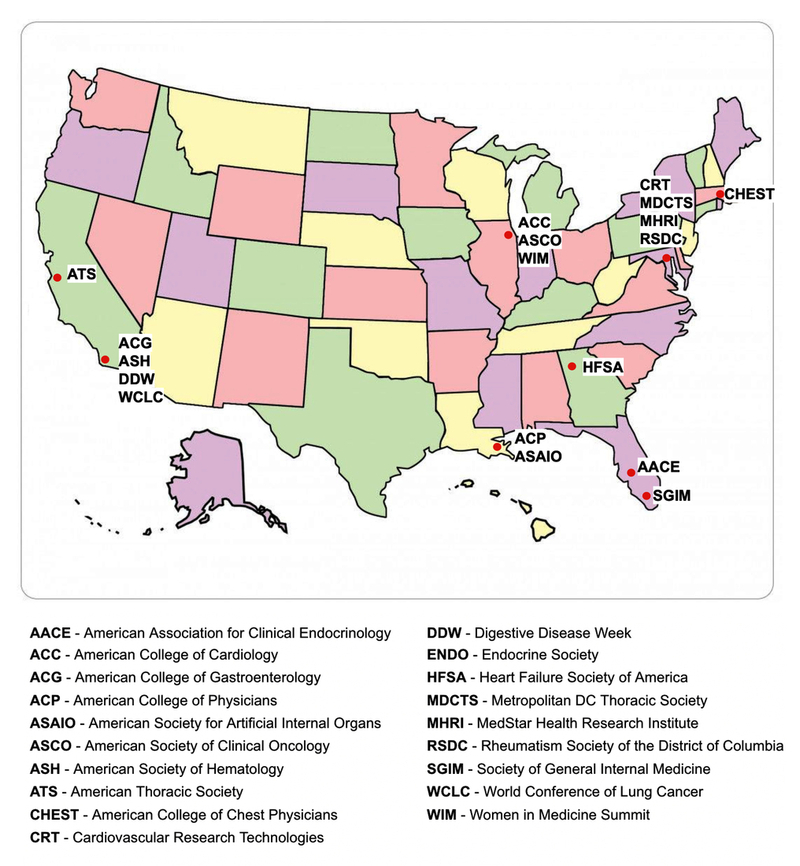 Map of research conferences around the United States.