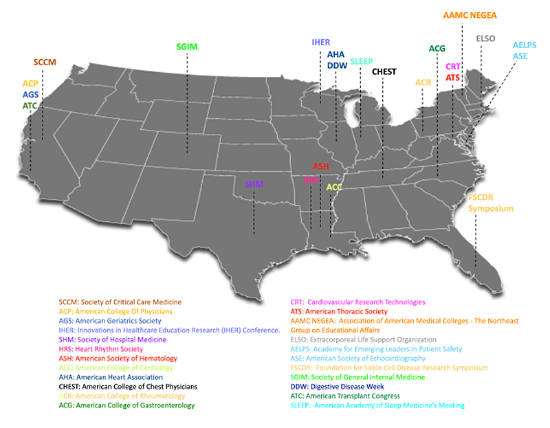 Map of research conferences around the United States.