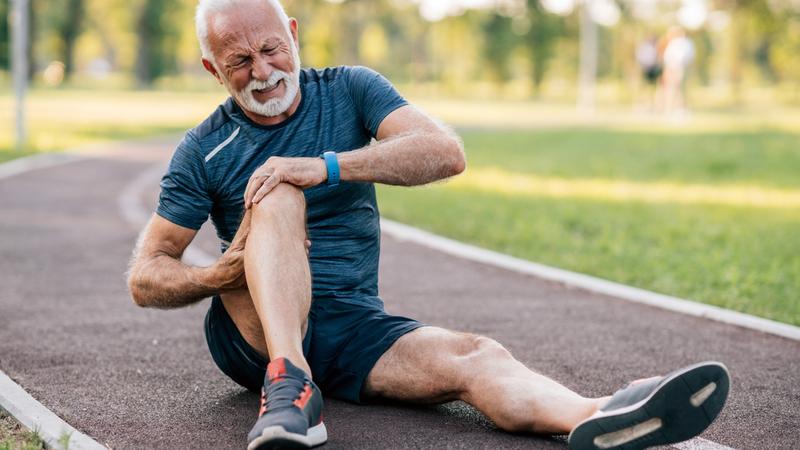 Senior man runner holds his knee while he winces in pain in the park