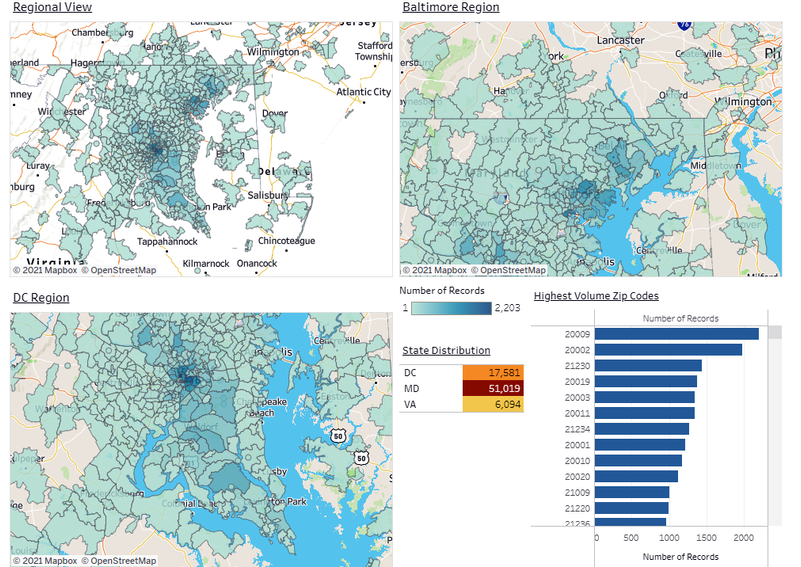 Infographic showing zip codes served by MedStar Health evisit.