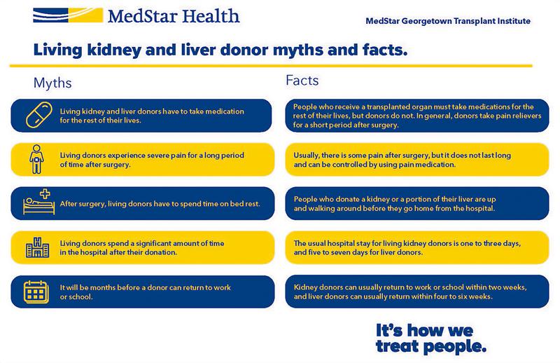 Infographic comparing myths vs facts for living kidney and liver donors.